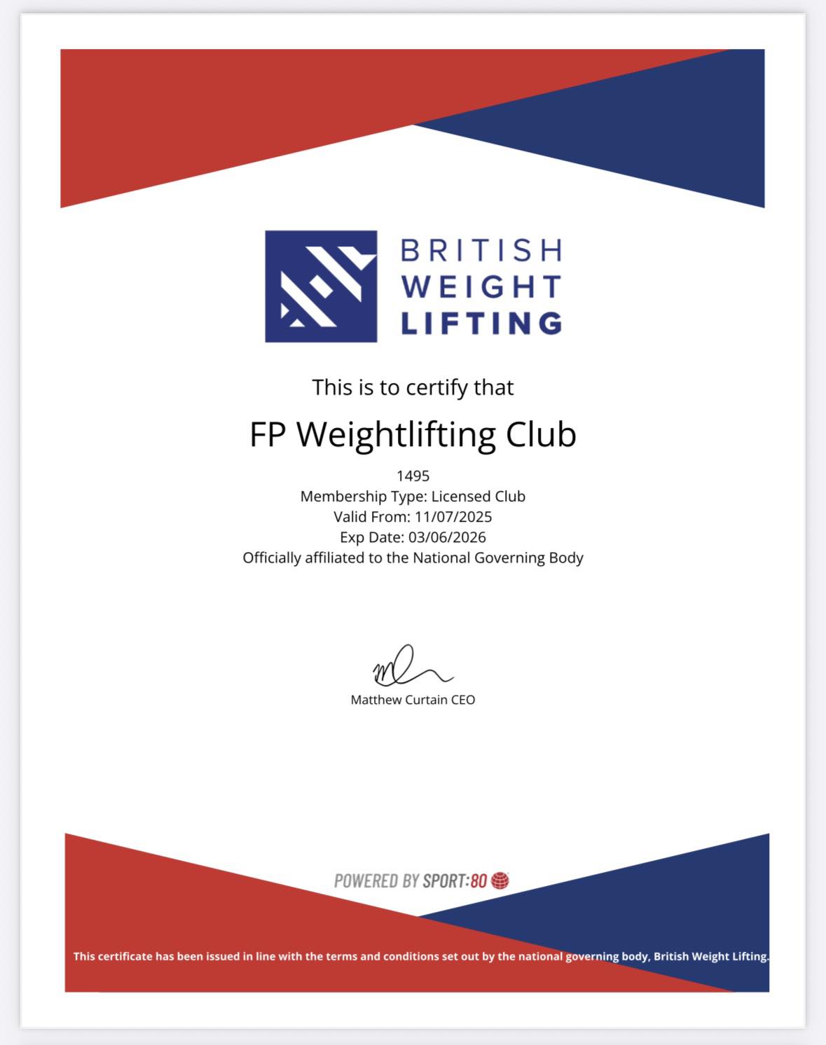 British Weightlifting Association Certificate